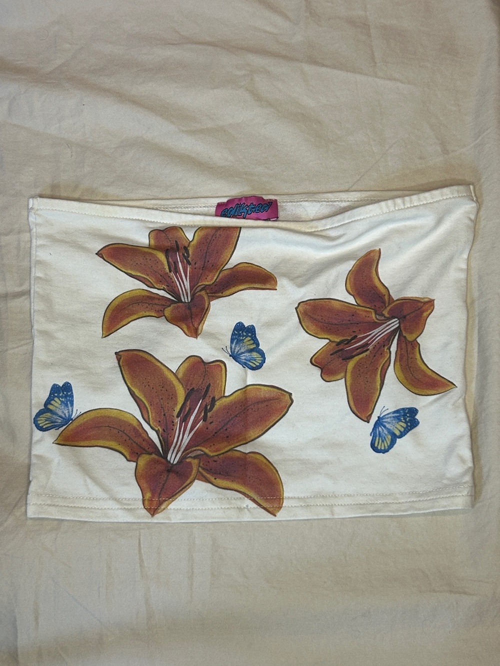 Edikted White Tigerlily & Butterfly Graphic Tube Top | Size S